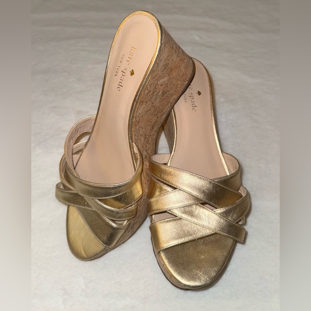 kate spade NWOT NY Gold Leather StrappyTalcott Nappa Open Toe Wedge Slide,Size-7
